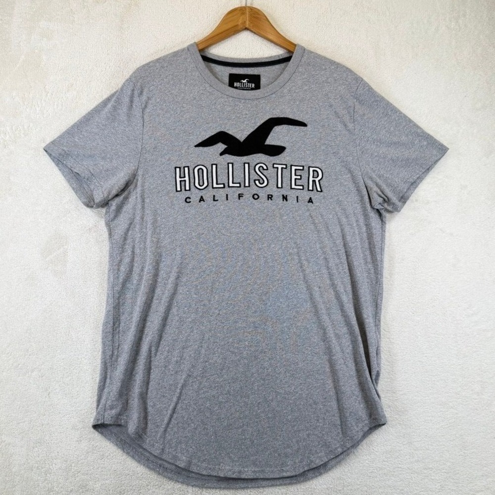 Hollister California Mens XL Gray Graphic T-Shirt Embroidered Logo Curved Hem